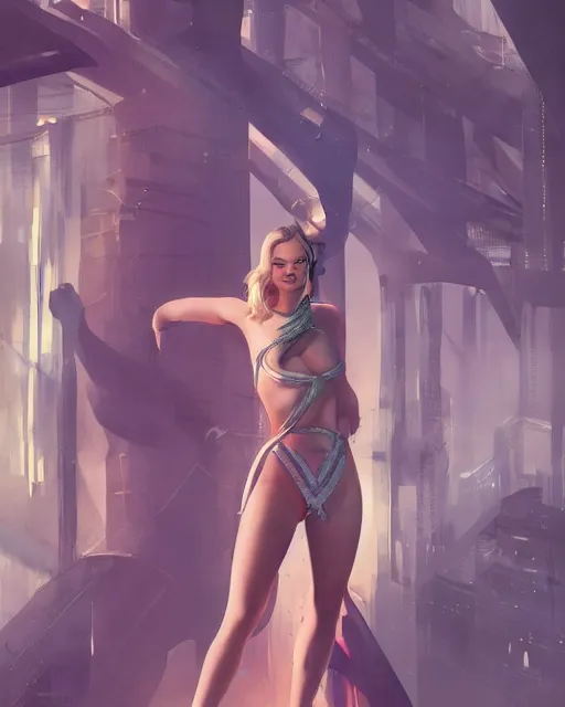 Image similar to full body shot of margot robbie by wlop, rossdraws, Alberto Vargas, mingchen shen, arney freytag, artstation, fantasy photoshoot, urban jungle, fashion pose, octane, 4k