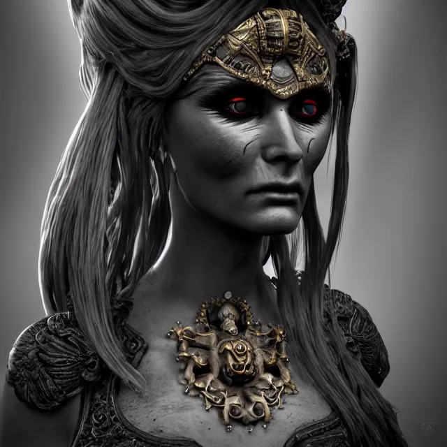 Image similar to perfectly - centered close - up portrait, candid photography, goddess of death, by anne stokes, updo, highly detailed, accurate, unreal engine 5