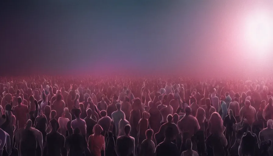 Image similar to painting of a crowd with extended arms towards glowing sky, volumetric lighting, nasty, hyperdetailed, realistic