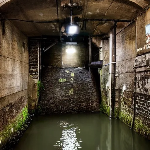 Image similar to down in the sewers of london, dark damp atmosphere, water dripping from the moss covered ceiling