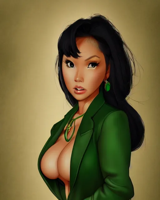 Prompt: alluring heavy filipina woman character portrait, by don bluth, fully - clothed, wearing dark - green blazer, sci - fi environment, highly detailed, dynamic shadows, 4 k, wallpaper - 1 0 2 4