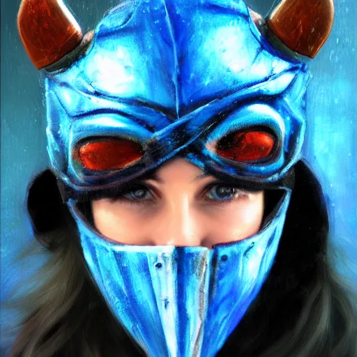 Image similar to bandit from ‘ icewind dale ’ and with a blue mask lined with copper, ‘ icewind dale 2 ’ portrait by ‘ justin sweet ’, pretty face, falling snow, soft focus, oil paint,