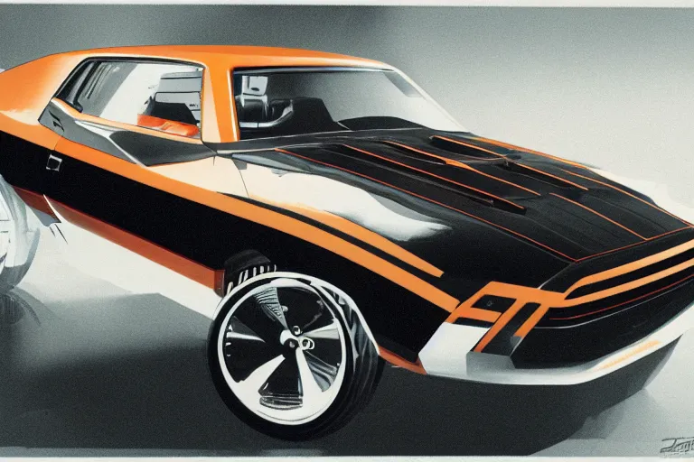 Image similar to Concept art of a retrofuturistic 1970s muscle car.