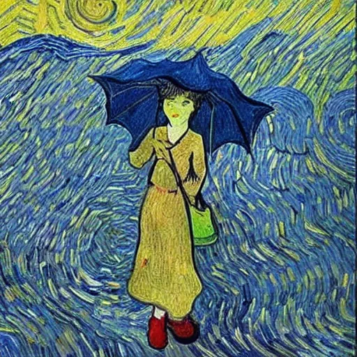 Image similar to girl with an umbrella girl with an umbrella. a walk inside a van gogh painting is a starry night. inside the painting. see everything from the inside. clearly detailed. dramatic.