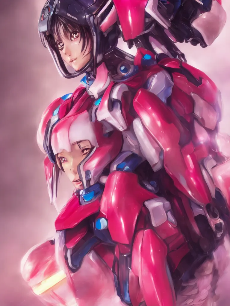 Image similar to A realistic anime portrait of a woman in a Gundam suit with glowing pink, digital painting, by Stanley Artgerm Lau, Sakimichan, WLOP and Rossdraws, digtial painting, trending on ArtStation, SFW version