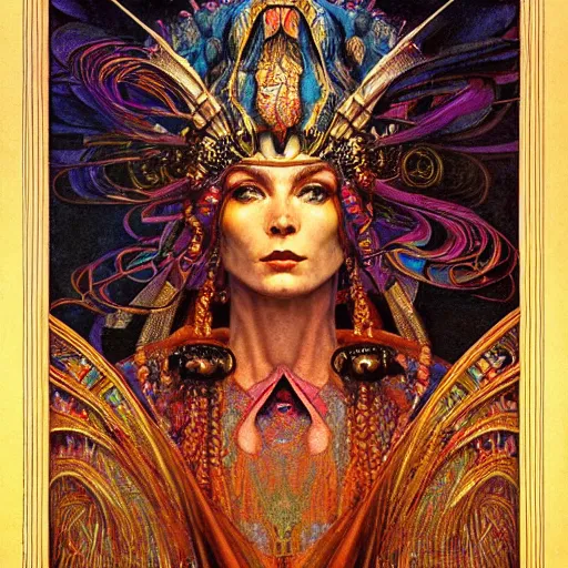 Image similar to baroque portrait of an art deco machine shaman, reflective detailed textures, highly detailed fantasy science fiction painting by annie swynnerton and jean delville and moebius, norman rockwell and maxfield parrish. modern industrial shaman, rich colors, high contrast. artstation