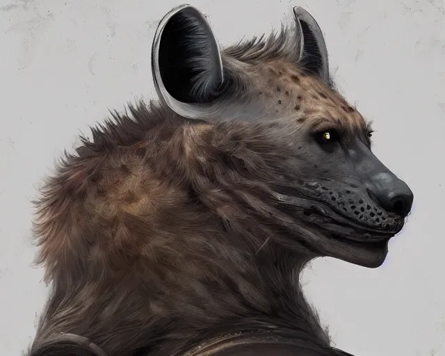 Image similar to A detailed matte oil on canvas head on symmetrical portrait of a man with the head of a hyena wearing heavy armor by Charlie bowater, Lise Deharme, Wlop, trending on artstationhd, dungeons and dragons art, critical role