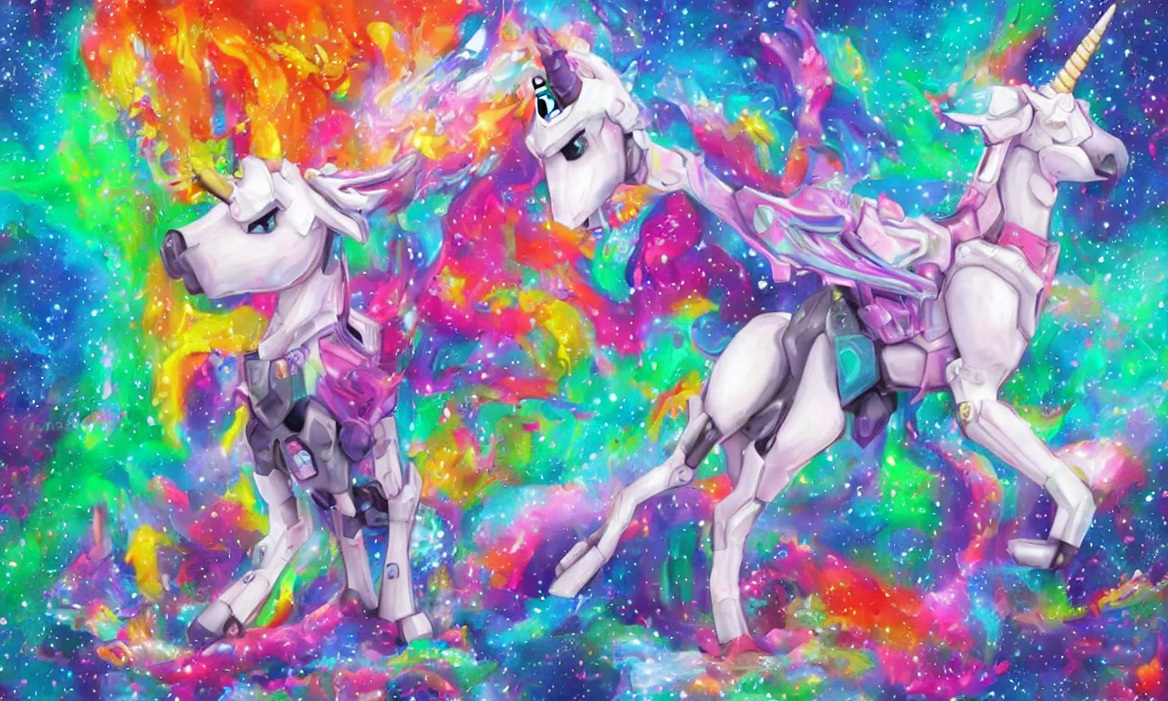 Prompt: The mech unicorn，colorful