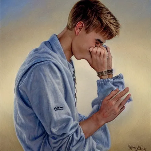 Prompt: justin bieber's prayer, painting by jon mcnaughton