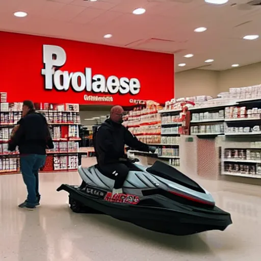 Image similar to a man driving a jetski through a cvs pharmacy, atmospheric haze