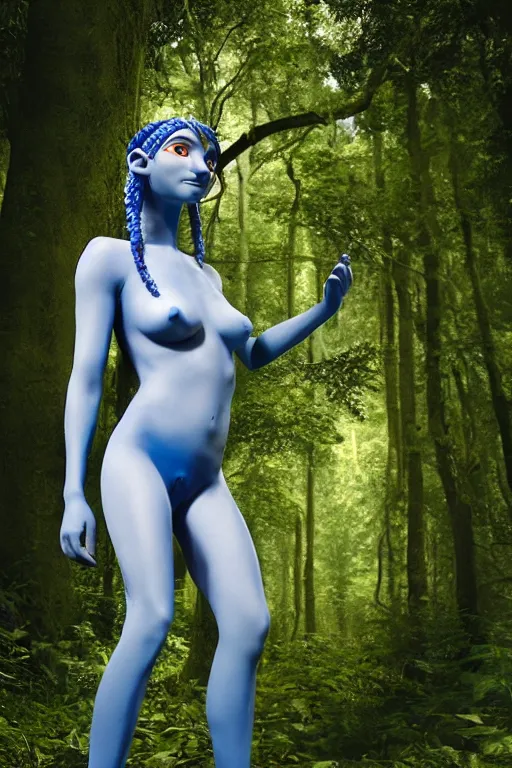 Image similar to a german woman dressed as a blue-skinned female navi from avatar standing in a forest, high resolution film still, 8k, HDR colors, cosplay, outdoor lighting, high resolution photograph, photo by bruce weber