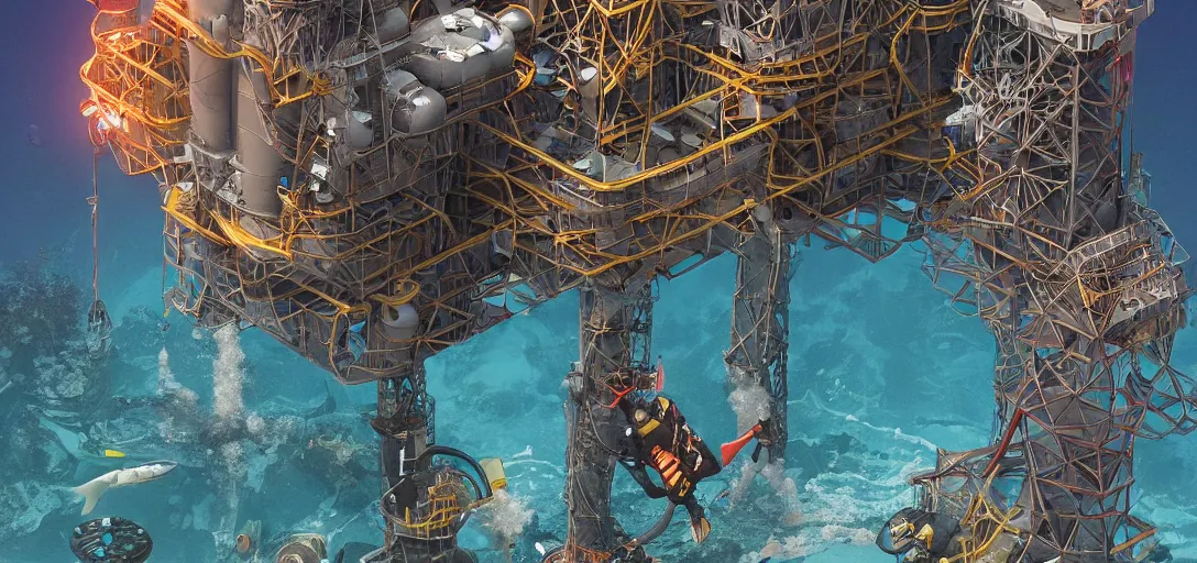 Image similar to Scuba Diver under an offshore oil rig in treacherous waters, highly detailed, ultra detailed, award-winning, trending on artstation, megalophobia