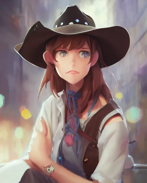 Image similar to a very cute cowgirl wearing a hat with cat ears, medium shot, ambient lighting, visible and detailed face, by makoto shinkai, stanley artgerm lau, wlop, rossdraws