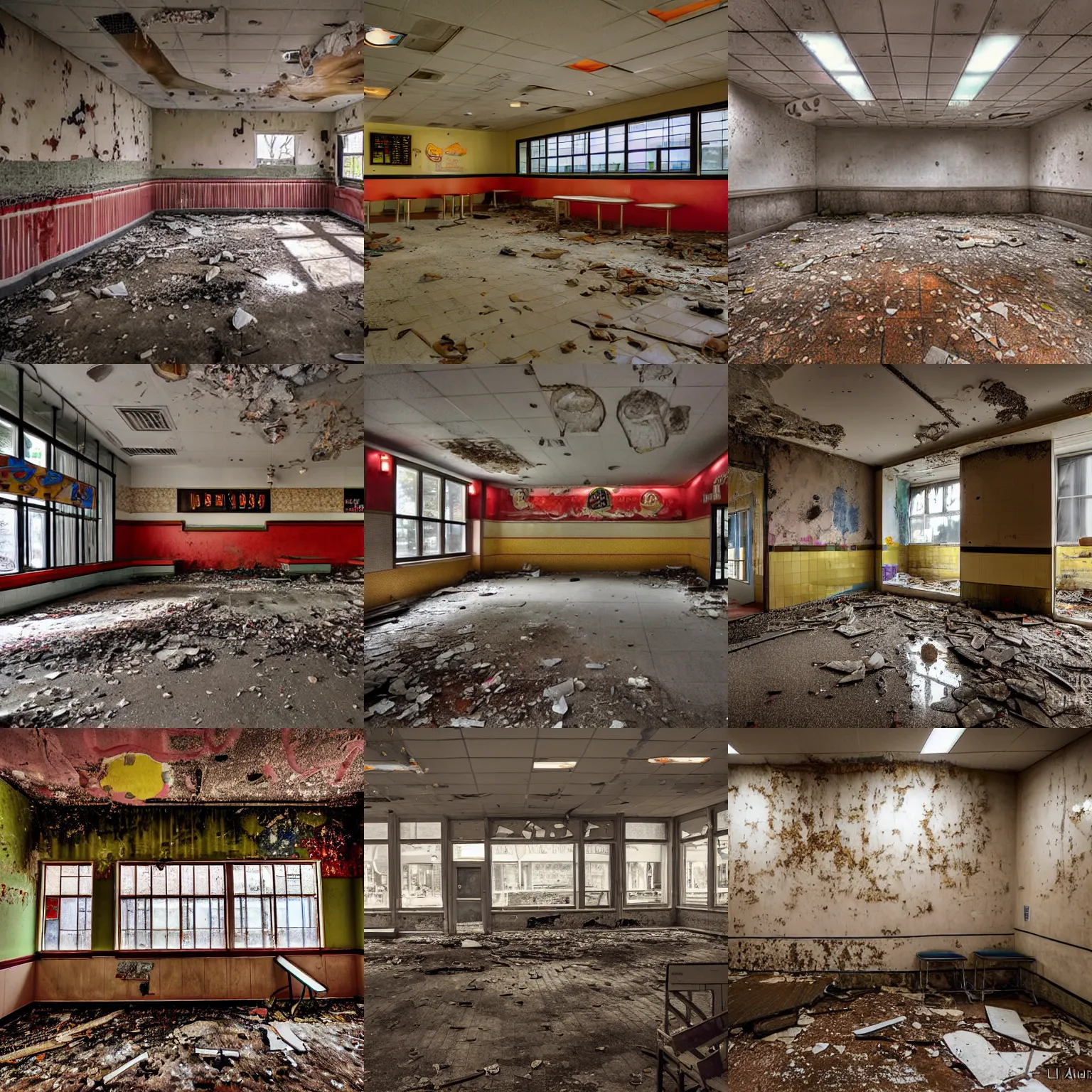 Prompt: photograph of the interior of an abandoned fast food restaurant by lilia alvarado, sad, depressing