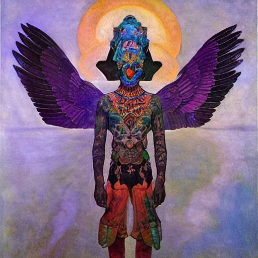 Prompt: the raven god-king, by Annie Swynnerton and Nicholas Roerich and Diego Rivera, bioluminescent skin, tattoos, wings made out of flowers, elaborate costume, geometric ornament, symbolist, cool colors like blue and green and violet, smooth, sharp focus, extremely detailed