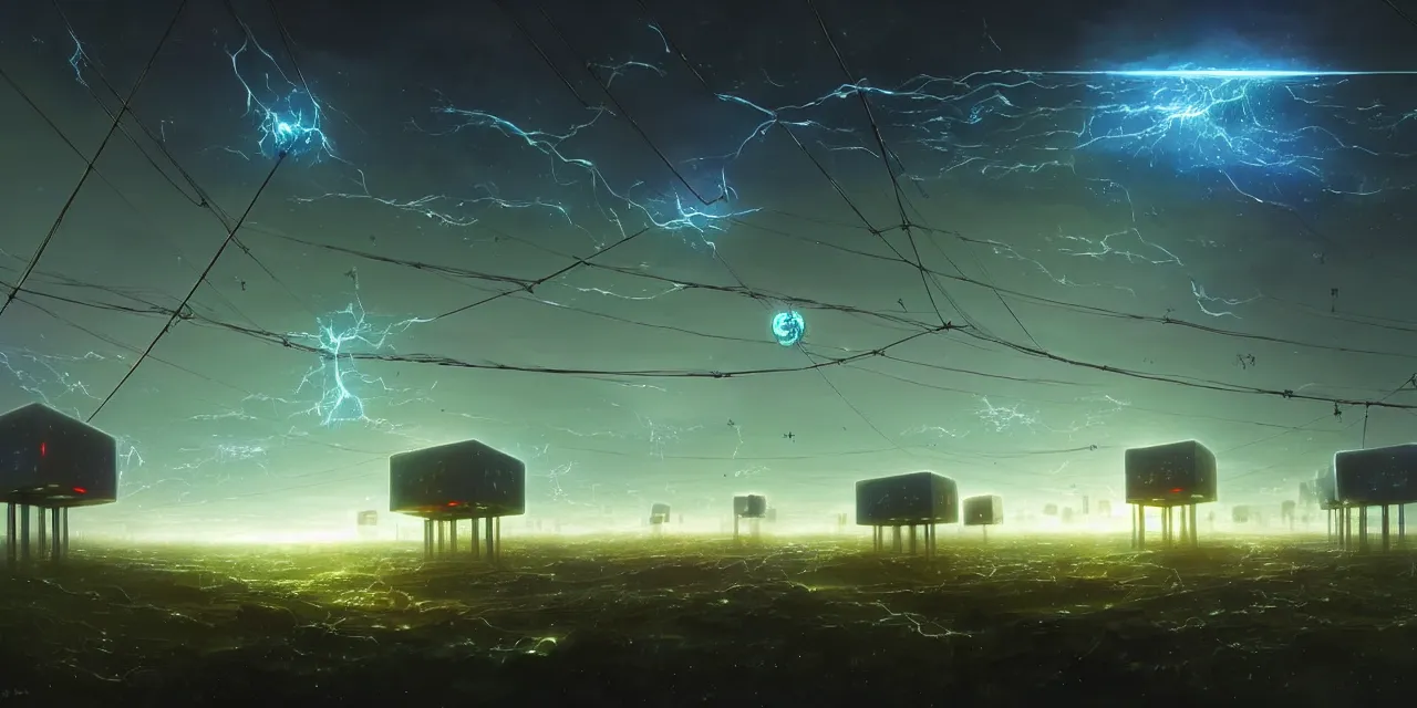 Image similar to a fleet of giant glowing futuristic cubes tied to each other with lots of wires in the sky, thick messy wires, a fantasy magical landscape seen in the distance, atmospheric lighting, intricate, volumetric lighting, beautiful, sharp focus, ultra detailed, in the art style of marc simonetti, bowater charlie and brom gerald, astrophotography