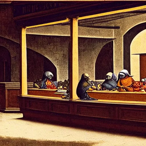 Prompt: Nighthawks by Leonardo DaVinci, illustration, highly detailed, HD