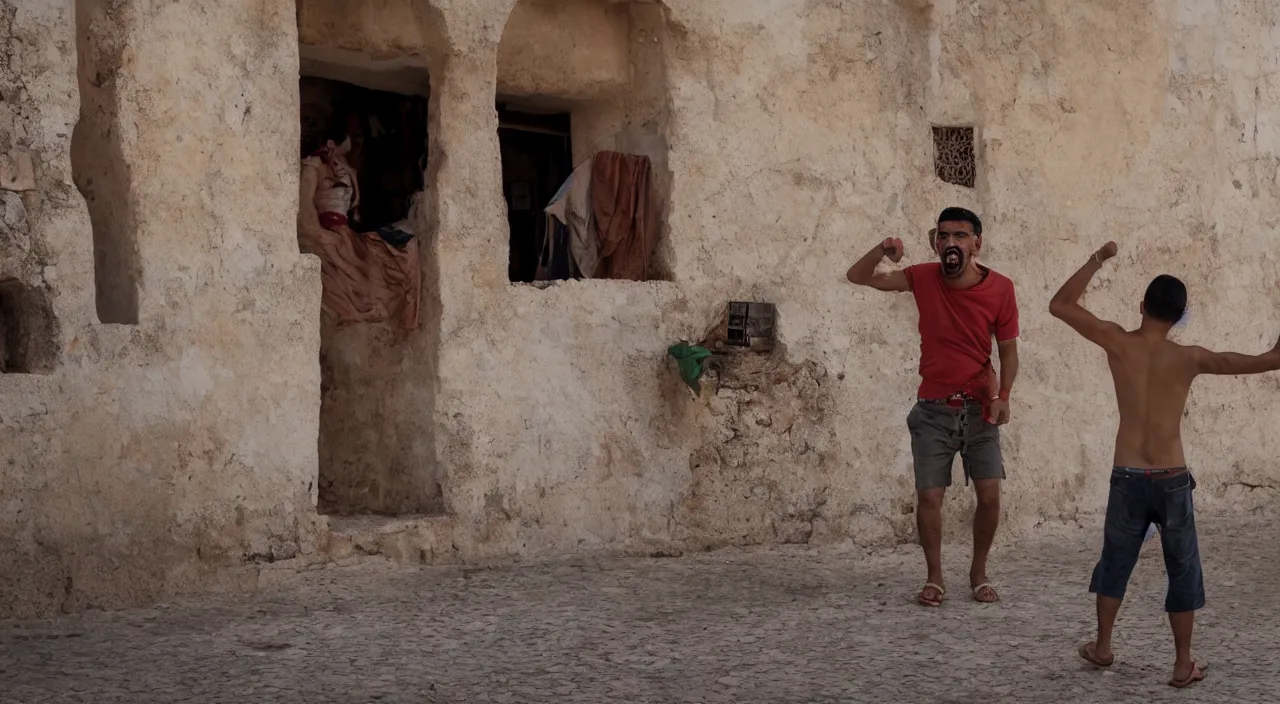Image similar to a tunisian man, with a brown and shorts hairtcut, screaming at pictures of countries, vivid colors, soft lighting, atmospheric, cinematic, moody, 8 k