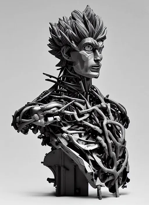 Prompt: an orthographic damaged bust sculpture goku , veins, titanium mechanical parts, studio lighting by Wes Anderson