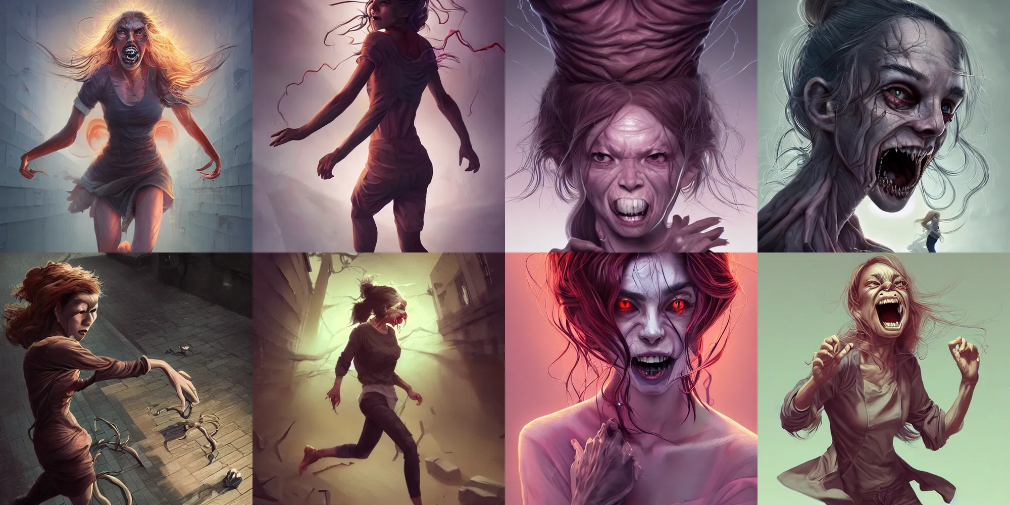Prompt: criminally insane young woman running, possessed by demons, unkempt, wrinkled, gaunt, deep lines and shadows, highly disturbing, by artgerm, tooth wu, dan mumford, beeple, wlop, rossdraws, james jean, marc simonetti, artstation