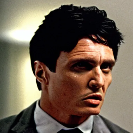Prompt: Tony Montana as The American Psycho, cinematic still