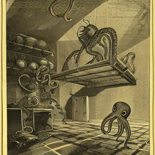 Prompt: an octopus lost in a garage, engraving