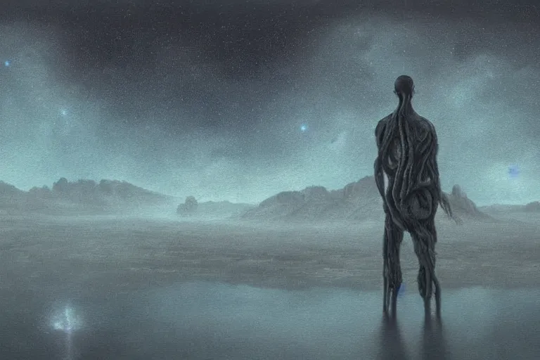 Image similar to Haunting horrifying hyperrealistic detailed painting of an ultrawide landscape showing a tall pale man sitting atop a mountain of humans in a foggy hellscape with spread out lakes of cerulean blue gelatinous liquid reflective and goop, eyeballs bulging, stars in the sky, a galaxy in the sky, dystopian feel, heavy metal, disgusting, creepy, unsettling, in the style of Michael Whelan and Zdzisław Beksiński, lovecraftian, hyper detailed, trending on Artstation