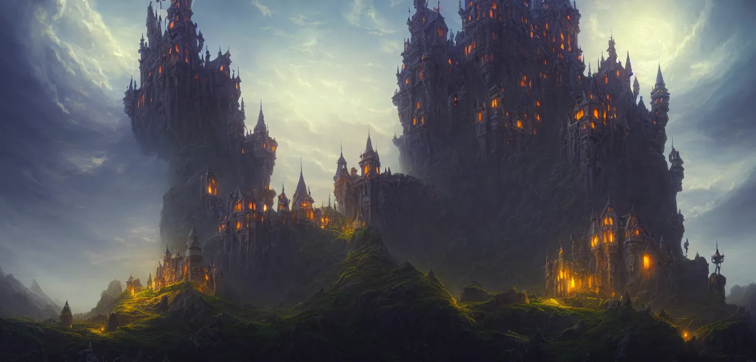 Prompt: an imposing and highly ornamented fantasy castle, carved from sapphire stone, cinematic view, epic sky, detailed, concept art, low angle, high detail, warm lighting, volumetric, vivid, beautiful, trending on artstation, by jordan grimmer, huge scene, grass, art greg rutkowski