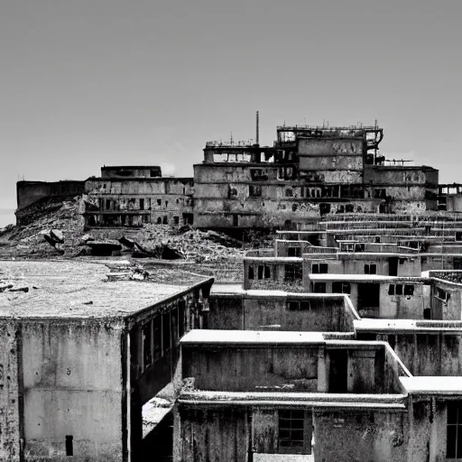 Prompt: brutalist city, prison city, totalitarian prison island, hashima island, rundown buildings, military buildings, prison complex, 3 5 mm photo