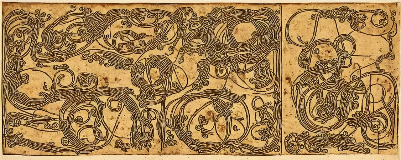 Image similar to ancient russian manuscript with images of spaghetti, letterpress,