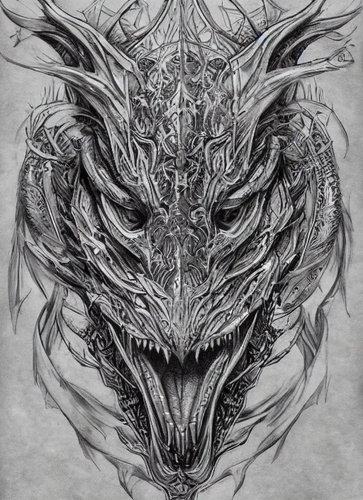 Image similar to highly detailed picture of great dragon, sketch tattoo, edge of the universe, perfectly symmetrical face, highly detailed, masterpiece, trending on artstation, golden ratio, cinematic romantic magical, perfect intricate