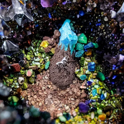 Image similar to photorealistic tiny dinosaur skeleton inside a geode of colored crystals