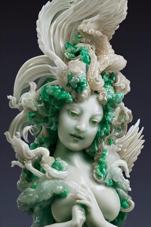 Image similar to a closeup photo, rococo alabaster and jade real delicate ceramic porcelain sculpture of an ornate detailed phoenix goddess in front of an intricate background by rafael, micro detail, backlit lighting, subsurface scattering, translucent, thin porcelain, emerald, jade, octane renderer, colorful, physically based rendering, trending on cgsociety