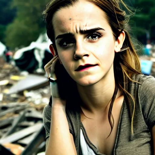 Prompt: concerned and tired emma watson in the ruins of civilization after the apocalypse, shredded and ruined dirty clothes, hd photo, high detail, shallow depth of field, face focus