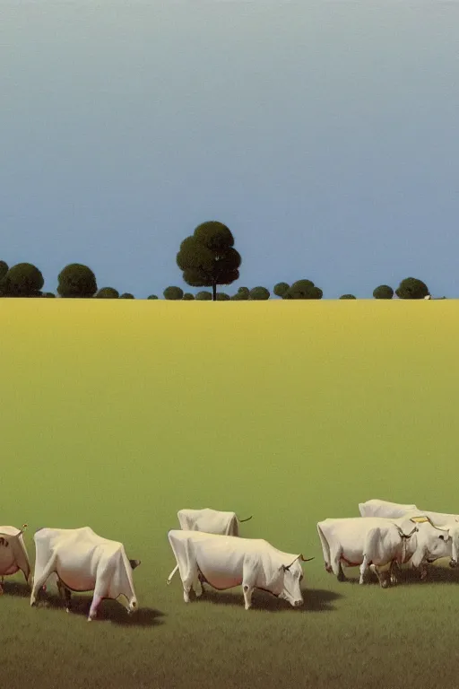 Prompt: a herd of cows in a field of white and cyan flowers, the sky is gray and with clouds by kawase hasui, moebius, edward hopper and james gilleard, zdzislaw beksinski, steven outram colorful flat surreal design, hd, 8 k, artstation