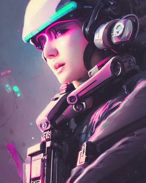 Image similar to detailed neon female swat officer flying a jet, cyberpunk futuristic, neon, reflective puffy coat, decorated with traditional japanese by ismail inceoglu dragan bibin hans thoma greg rutkowski alexandros pyromallis nekro rene margitte, wide angle, illustrated, perfect face, fine details, realistic shaded, fine - face, pretty face