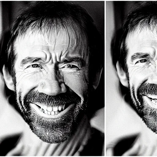 Prompt: Chuck Norris smiling, photoshoot, 30mm, Taken with a Pentax1000, studio lighting, medium shot