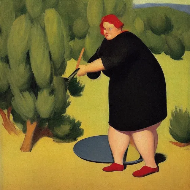 Prompt: a fat lady dressed in black standing with a large frying pan in her hands surrounded by olive trees edward hopper