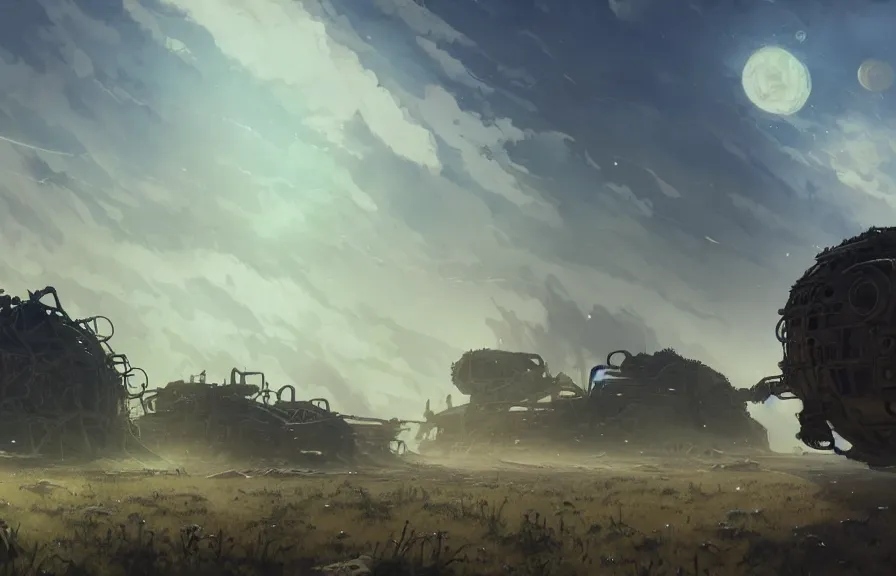 Image similar to concept art of a dusty field with twisted wreckage of dieselpunk orcish tanks and smoking craters in the background, key visual, ambient lighting, highly detailed, digital painting, artstation, concept art, sharp focus, by makoto shinkai and akihiko yoshida and hidari and wlop