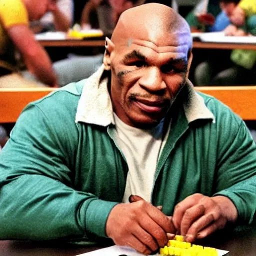 Image similar to Mike tyson sitting at a table in McDonald’s using an abacus to count