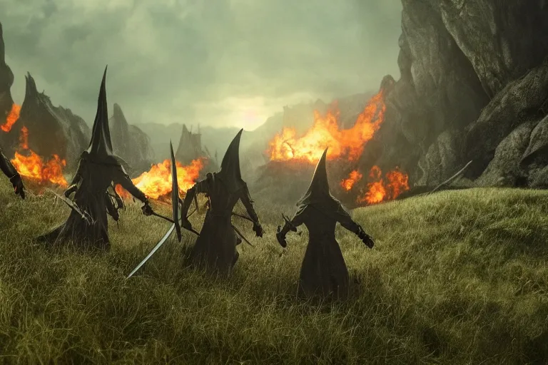 Image similar to film still of 3 Nazgûl, swords drawn, chasing hobbits through the shire as it burns, epic composition, intricately detailed, physically based render, screenshot from Lord of the Rings