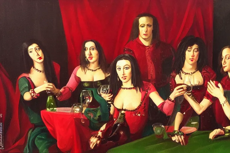 Image similar to glam rockers drinking brutal and raw wine, inside a green room with red lights in renaissance style, sfumato, oil painting