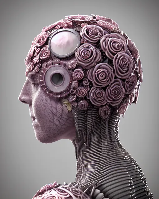 Image similar to mythical dreamy organic bio - mechanical spinal ribbed profile face portrait detail of translucent steampunk beautiful intricated monochrome angelic - human - queen - vegetal - cyborg, highly detailed, intricate translucent pink ivy jelly ornate, poetic, translucent roses ornate, 3 d render, digital art, octane render, 8 k artistic photography