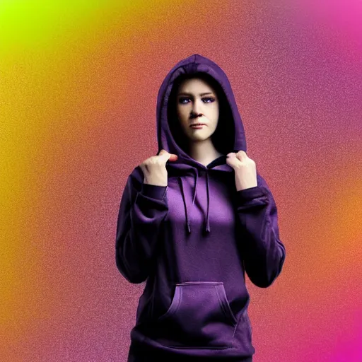 Image similar to poster artwork, sci fi, a female, full body, black hoodie techie, black hair with purple streaks, 8 k