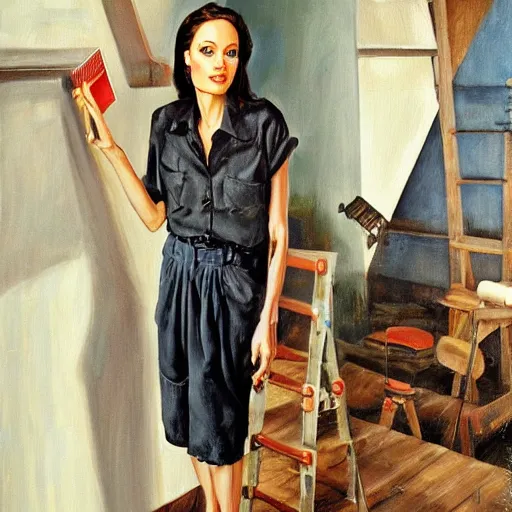 Image similar to oil painting of angelina jolie as housepainter by alexander nikolayevich samokhvalov ну или norman percevel rockwell from 1 9 3 0 s