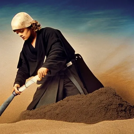 Prompt: Anakin Skywalker sweeping sand off the beach, high quality, professional photo