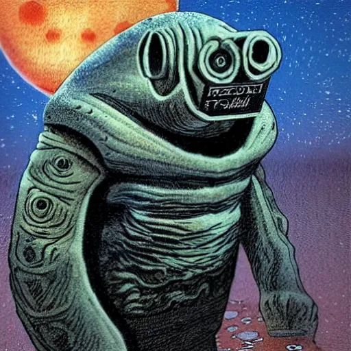 Prompt: the alien cosmic tardigrade that awaits you at the end of all of space and time, by enki bilal