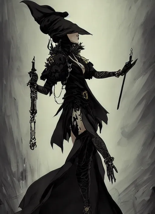 Image similar to beautiful human witch with blonde short curtly hair in intricate ornate witch robe, haughty evil look, witch hat. in style of yoji shinkawa and hyung - tae kim, trending on artstation, dark fantasy, great composition, concept art, highly detailed, dynamic pose.