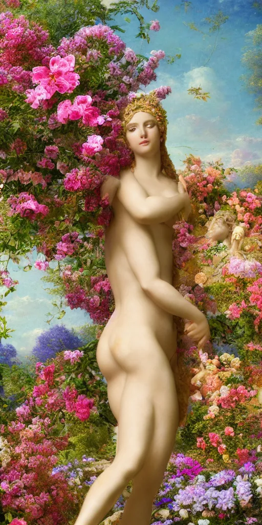 Image similar to high definition, digital, hyperreal, 2 k, tilt - shift, aphrodite wearing a beautiful dress, goddess of love, surrounded by flowers, in the style of a painting