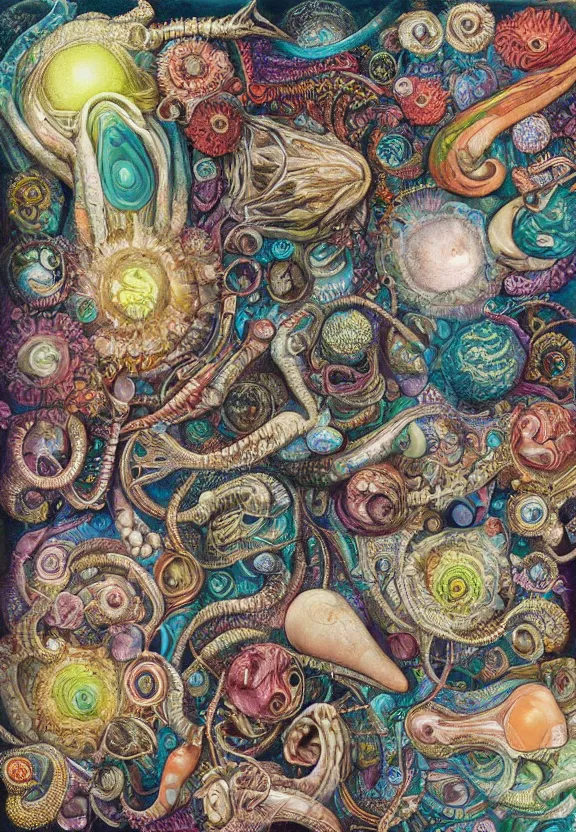 Image similar to simplicity, colorful muscular eldritch mollusks and bodies radiating town fractal, mandala white bones, colorful gems, brush pen, by h. r. giger and esao andrews and maria sibylla merian eugene delacroix, gustave dore, thomas moran, pop art, chiaroscuro, biopunk, art nouveau